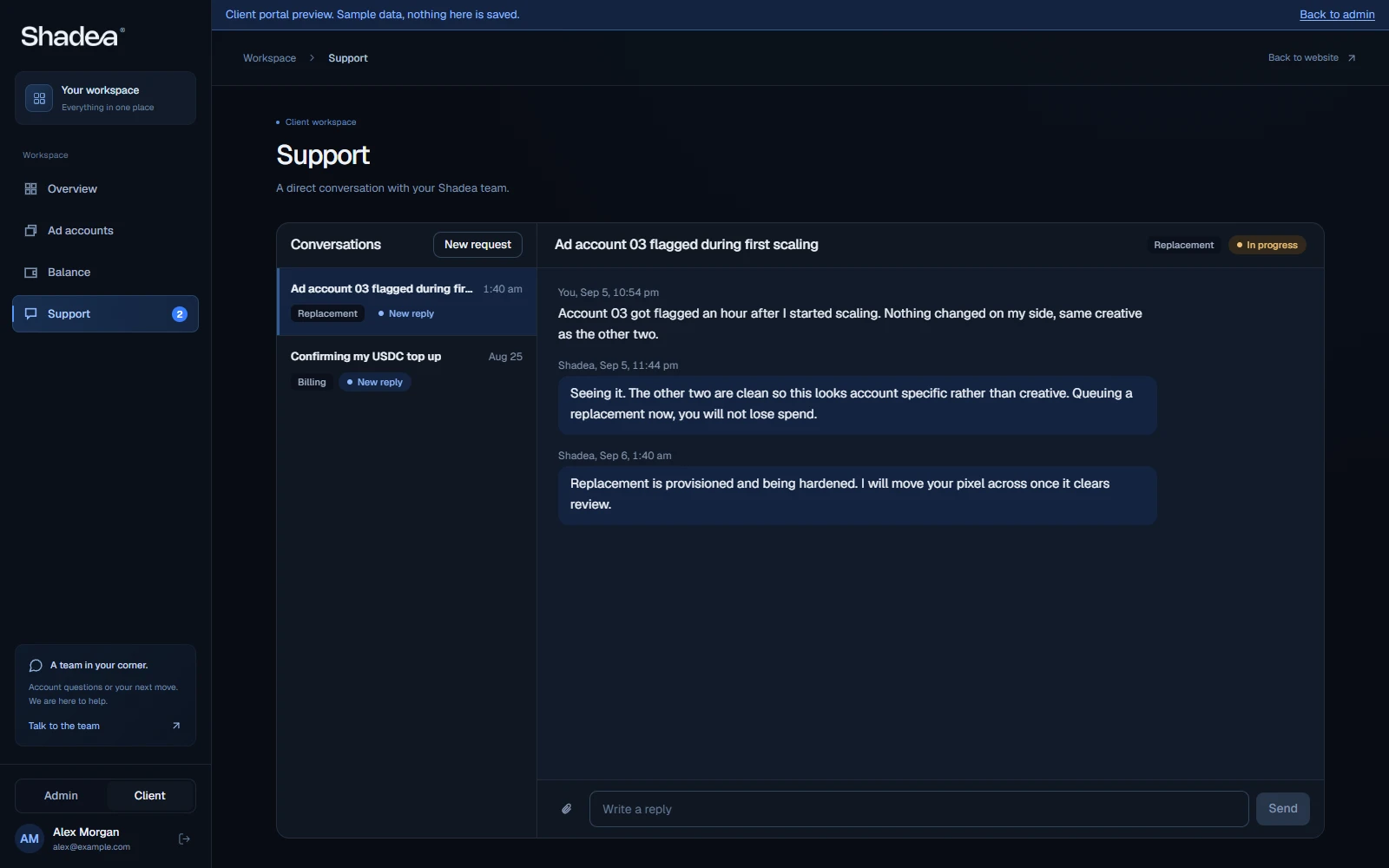 Shadea support dashboard with sample conversations and an account replacement request.