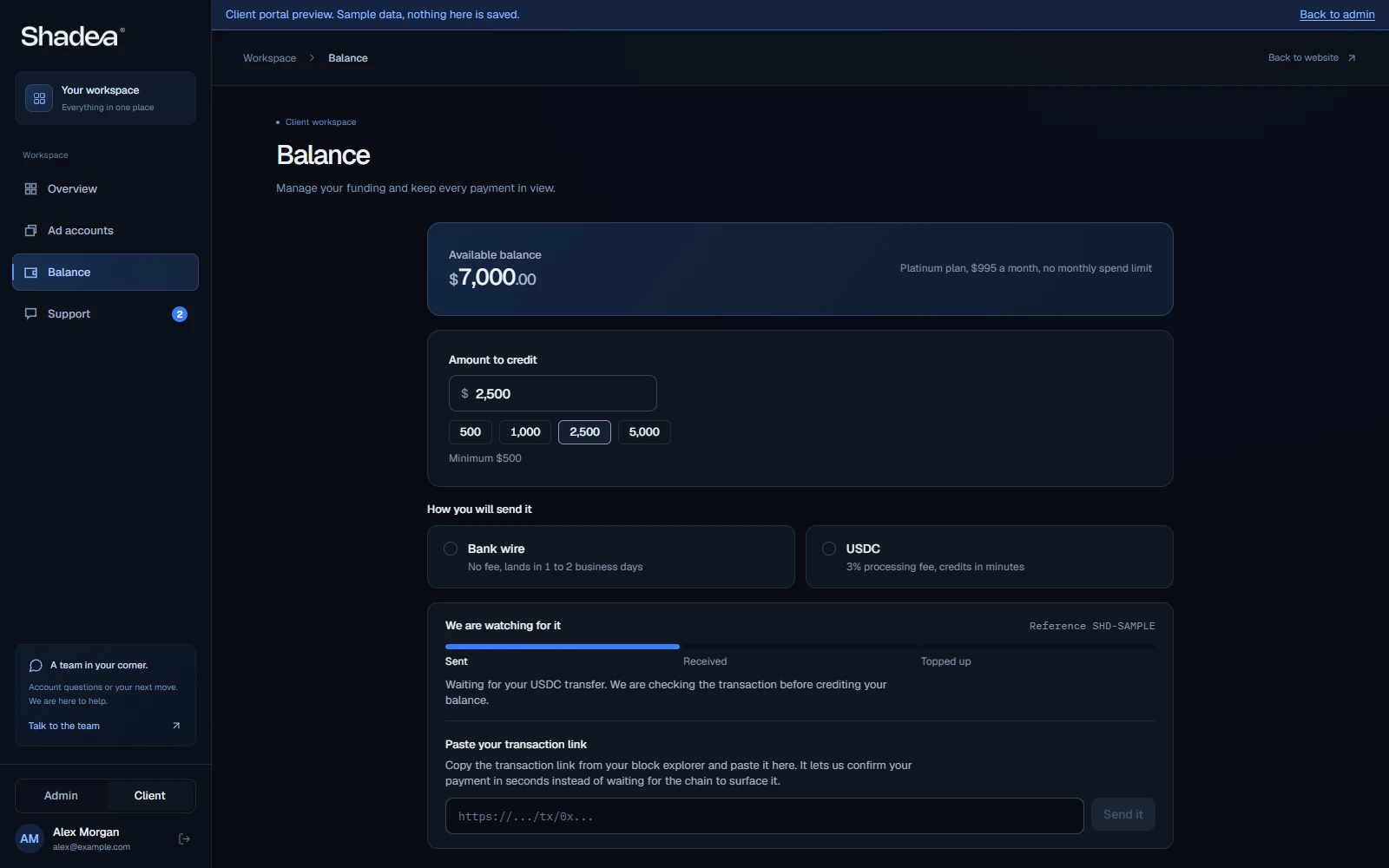 Shadea sample balance screen with bank wire and USDC funding options, payment status and funding history.